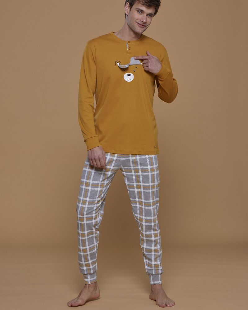 Pigiama Ragazza in Caldo Cotone Pantalone stampa scozzese con polsino e Top giallo con Stampa e applicazione Composizione: 100% poliestere Variante: senape