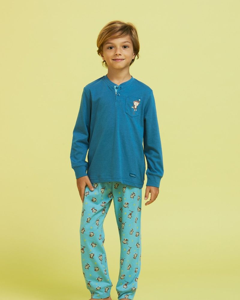 Pigiama Bambino Manica Corta con scimmietta sul taschino e Pantalone Corto Stampa Scimmiette   Composizione: 100% cotone Variante:  turchese