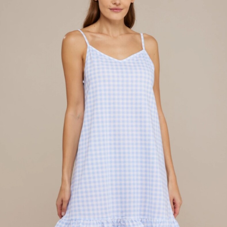 Camicia da notte donna in cotone con bretellina, scollo a V,  stampa vichy e rouches   Composizione: 100% cotoneVariante: rosa  