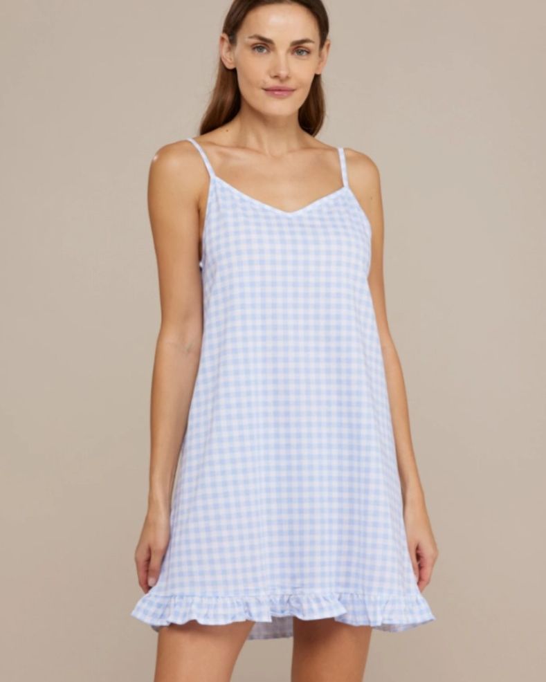 Camicia da notte donna in cotone con bretellina, scollo a V,  stampa vichy e rouches   Composizione: 100% cotoneVariante: rosa  