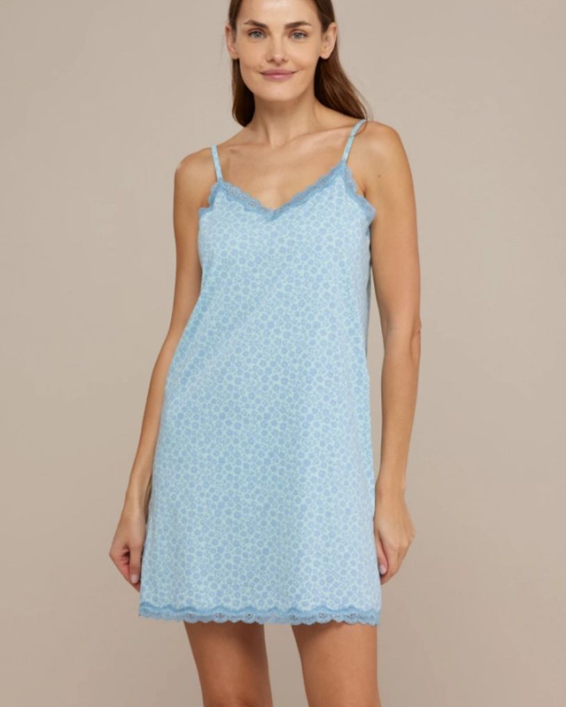 Abitino donna in cotone a bretelline, con stampa a fiori e pizzo   Composizione: 100% viscosa