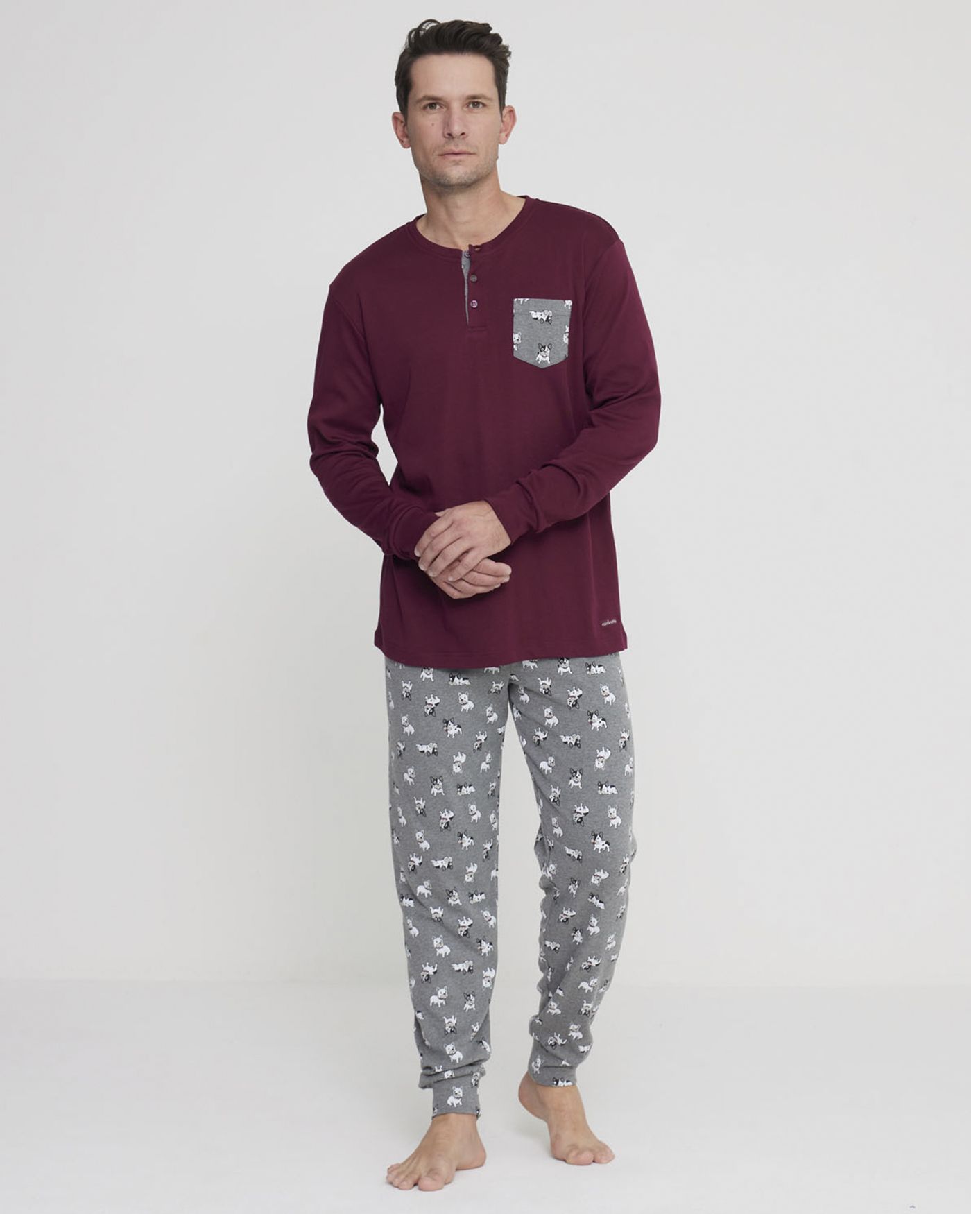 Yuppie Bordeaux Pigiama Uomo in caldo cotone Girocollo