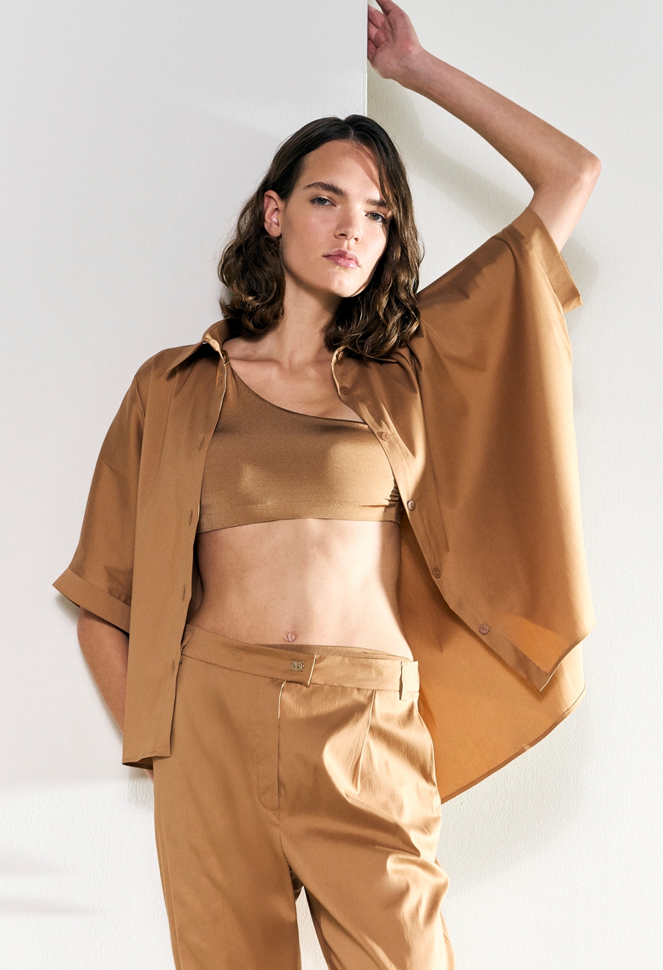 Pittura Camicia in Popeline di Cotone - Sabbia