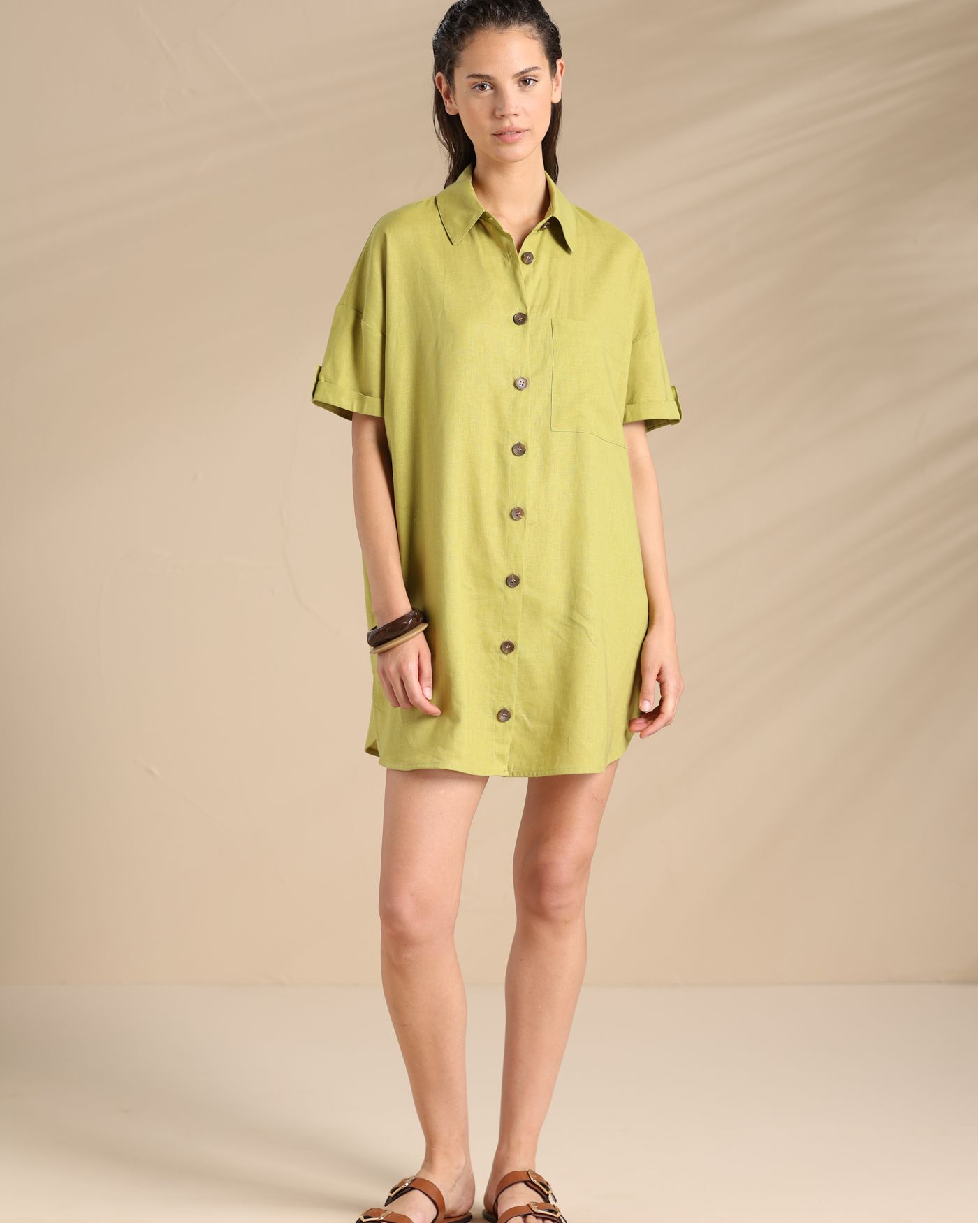 Flowery Verde Abito Camicia in Viscosa e Lino