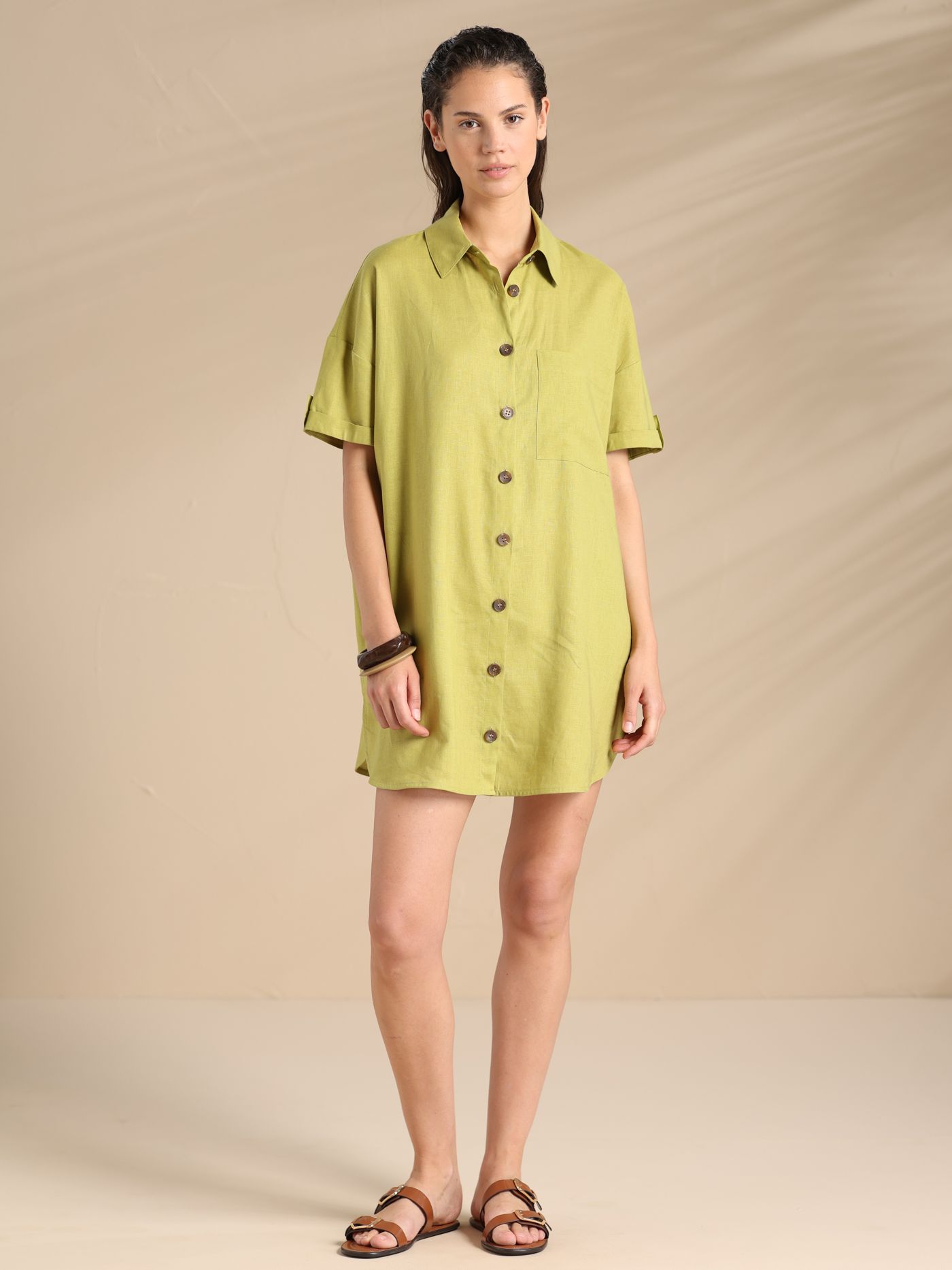 Flowery Verde Abito Camicia in Viscosa e Lino