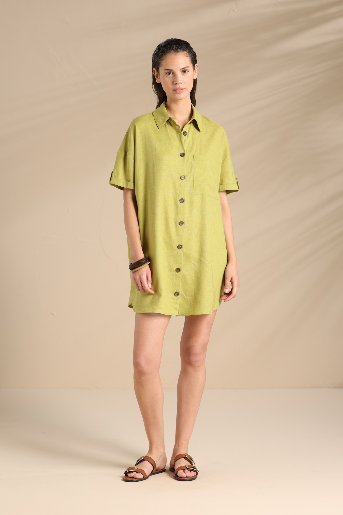 Flowery Verde Abito Camicia in Viscosa e Lino