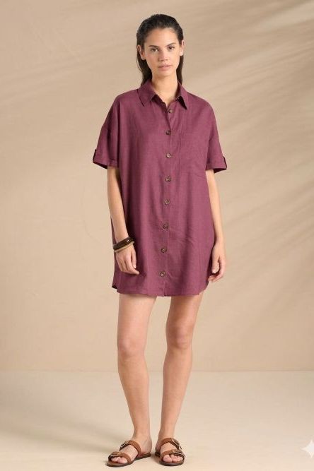 Flowery Bordeaux Abito Camicia in Viscosa e Lino