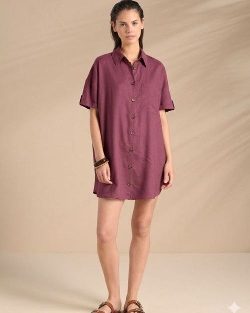 Flowery Bordeaux Abito Camicia in Viscosa e Lino