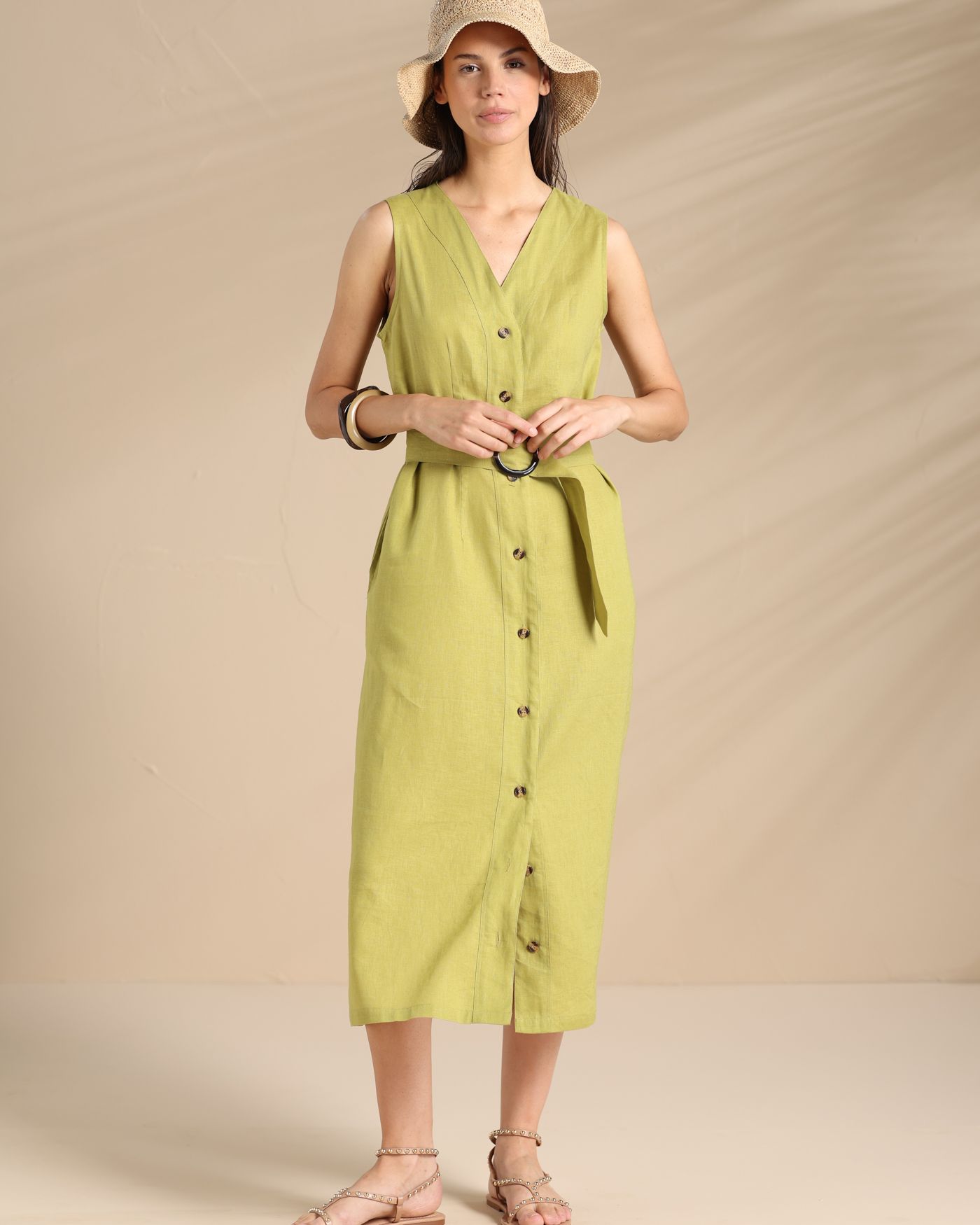 Flowery Verde Abito Camicia Lungo in Viscosa e Lino