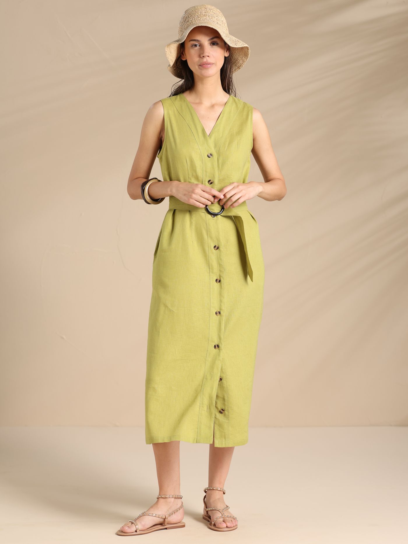 Flowery Verde Abito Camicia Lungo in Viscosa e Lino