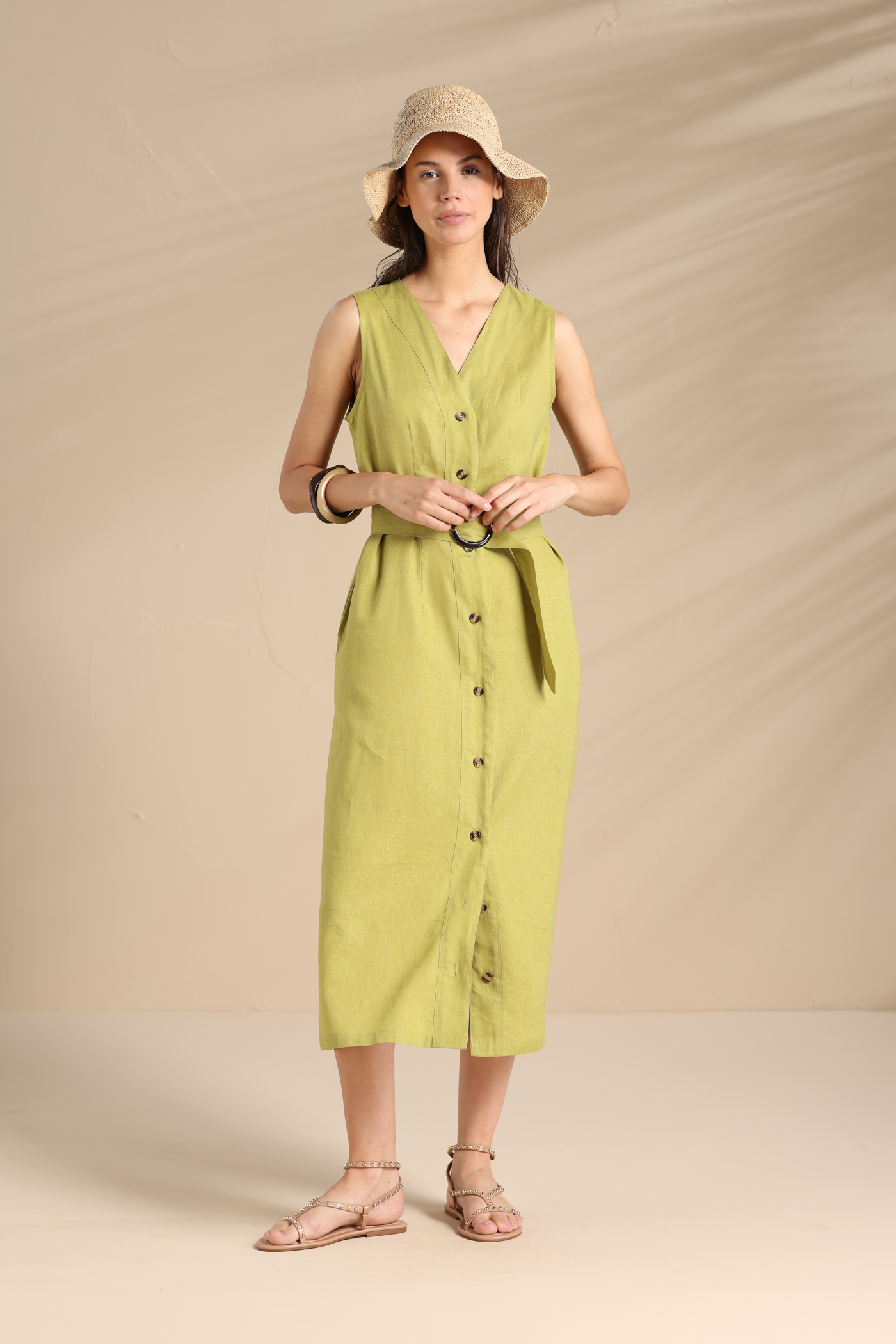 Flowery Verde Abito Camicia Lungo in Viscosa e Lino