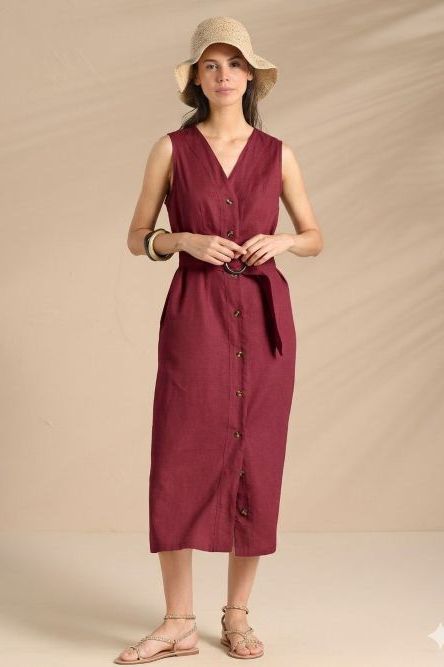 Flowery Bordeaux Abito Camicia Lungo in Viscosa e Lino