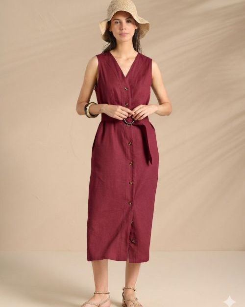 Flowery Bordeaux Abito Camicia Lungo in Viscosa e Lino