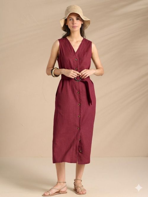 Flowery Bordeaux Abito Camicia Lungo in Viscosa e Lino